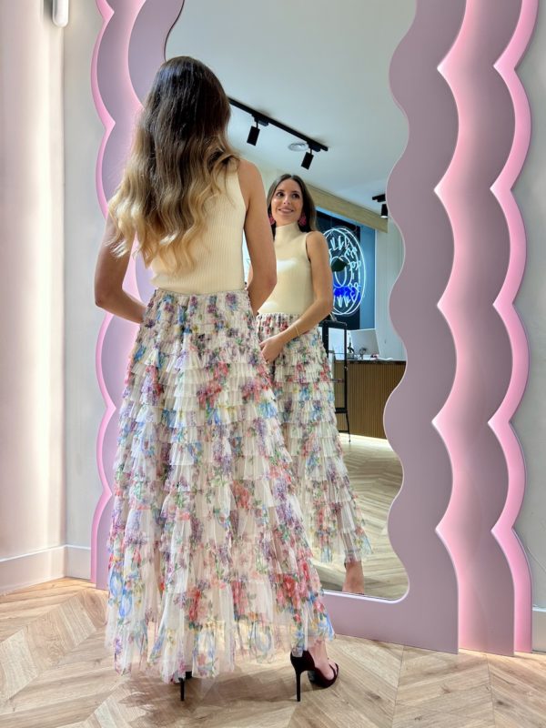 Falda Larga Tul Volantes Plisados Print Floral - Imagen 6