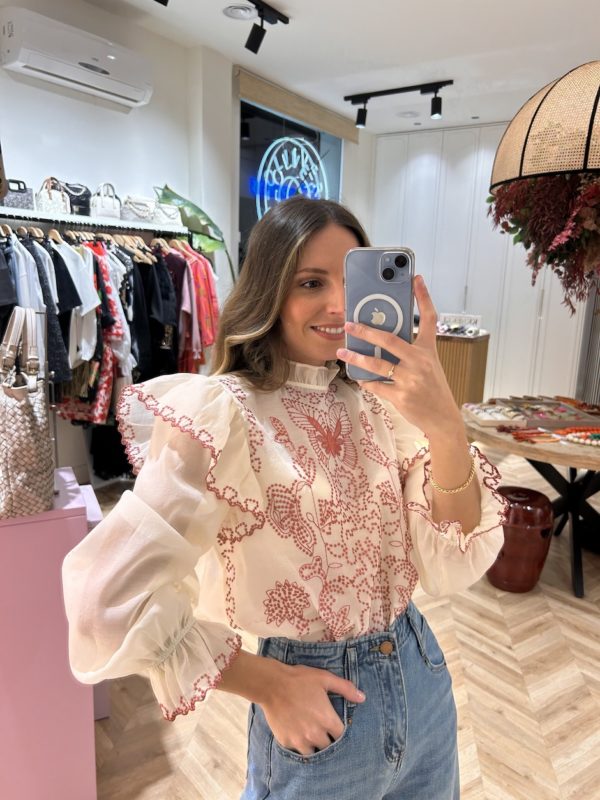 Blusa Organza Romántica Bordado Metal Cobre