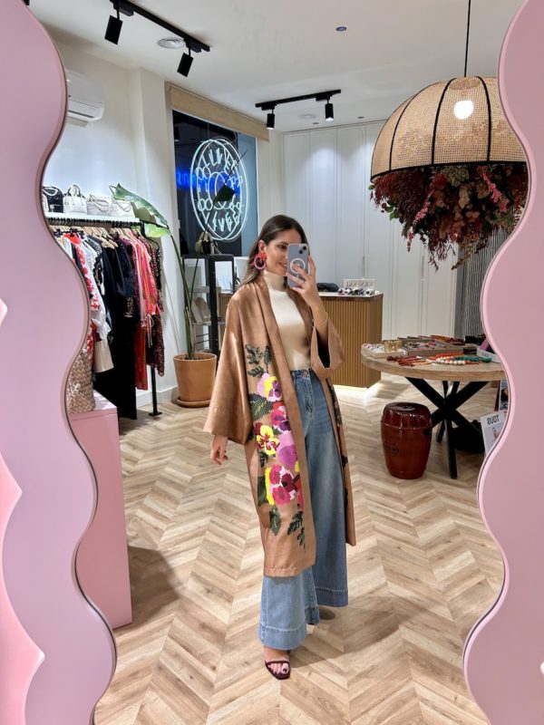 Kimono Satinado Print Floral Efecto Punto De Cruz - Imagen 3