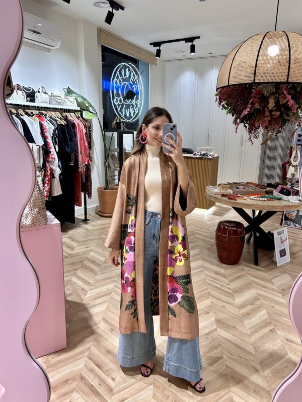 Kimono Satinado Print Floral Efecto Punto De Cruz
