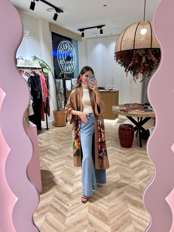 Kimono Satinado Print Floral Efecto Punto De Cruz - Imagen 4