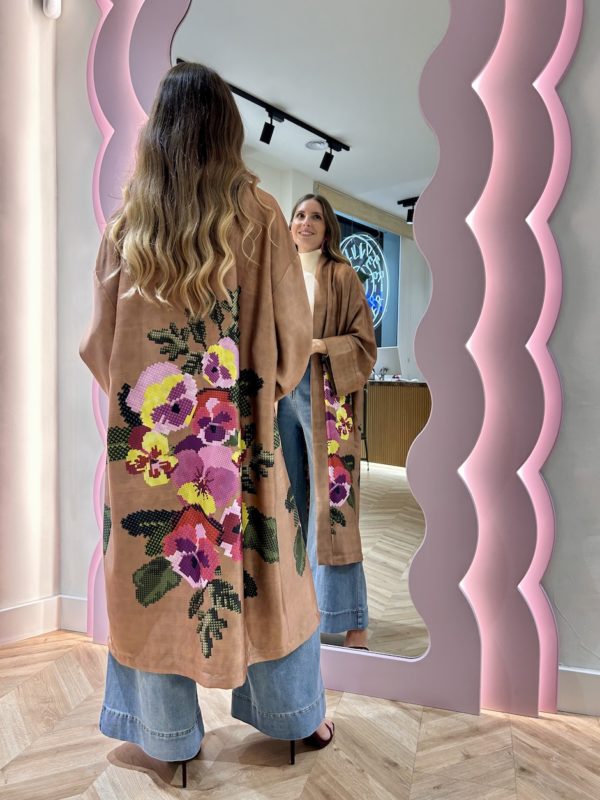 Kimono Satinado Print Floral Efecto Punto De Cruz - Imagen 5