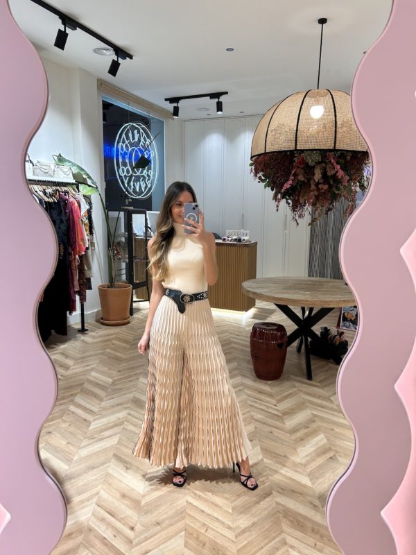 Pantalón Plisado Muescas Beige Y Negro - Imagen 3
