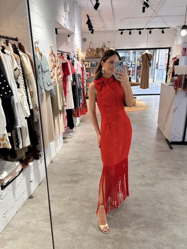 Vestido Satén Jacquard Flores Rojo