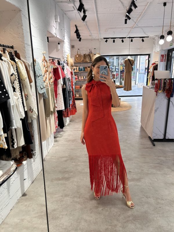 Vestido Satén Jacquard Flores Rojo - Imagen 2