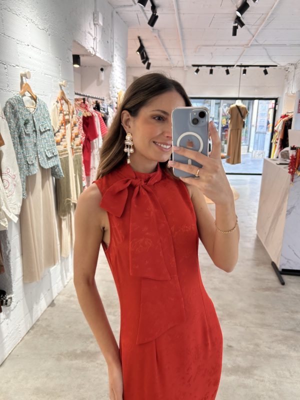 Vestido Satén Jacquard Flores Rojo - Imagen 3