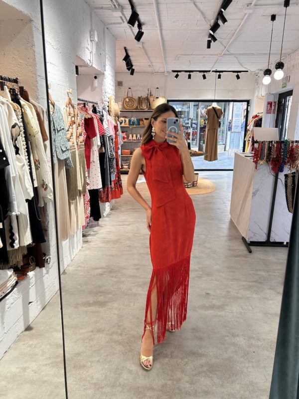 Vestido Satén Jacquard Flores Rojo - Imagen 5