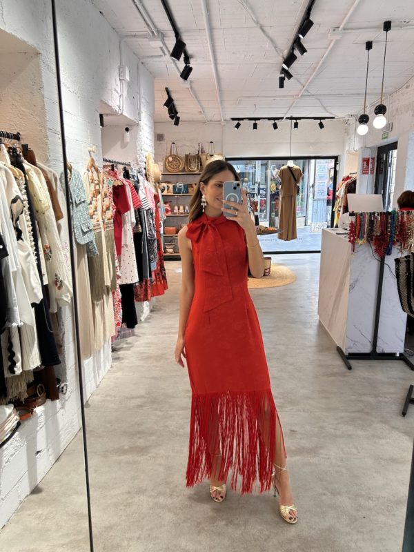 Vestido Satén Jacquard Flores Rojo - Imagen 4