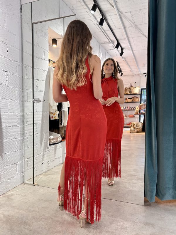 Vestido Satén Jacquard Flores Rojo - Imagen 6