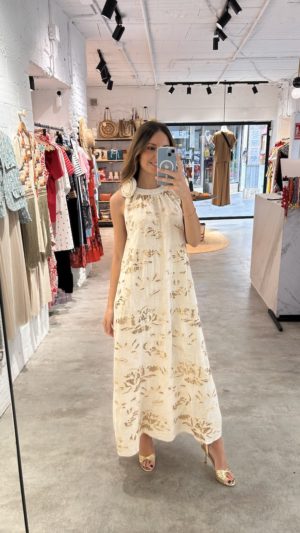 Vestido Lino Flores Bordadas Paillettes