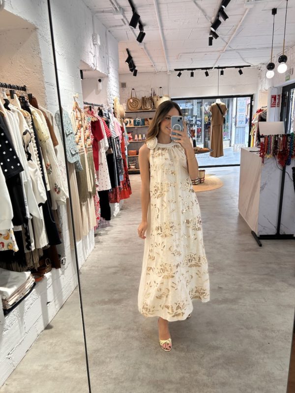 Vestido Lino Flores Bordadas Paillettes - Imagen 2