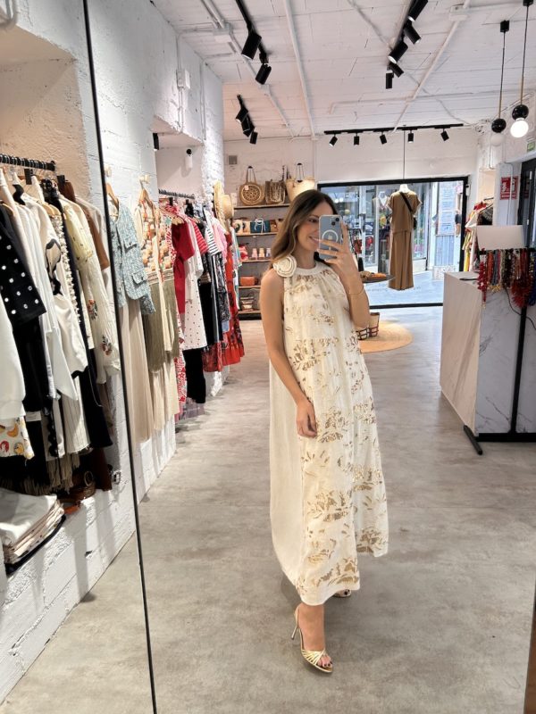 Vestido Lino Flores Bordadas Paillettes - Imagen 5