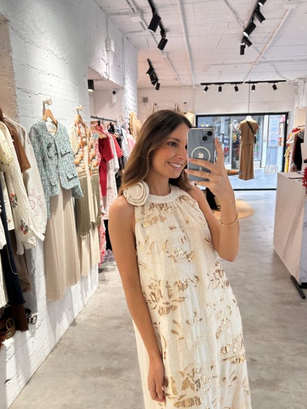 Vestido Lino Flores Bordadas Paillettes - Imagen 3