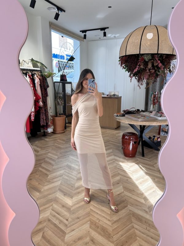 Vestido Midi Tul Escote Asimétrcio Marfil - Imagen 3
