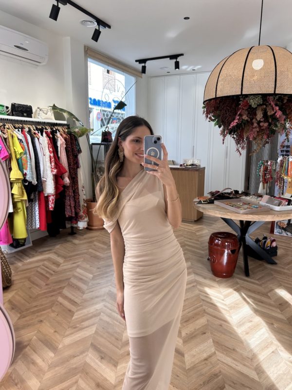 Vestido Midi Tul Escote Asimétrcio Marfil - Imagen 4