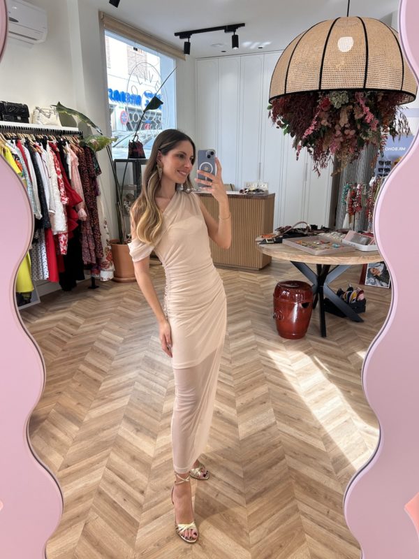 Vestido Midi Tul Escote Asimétrcio Marfil - Imagen 5