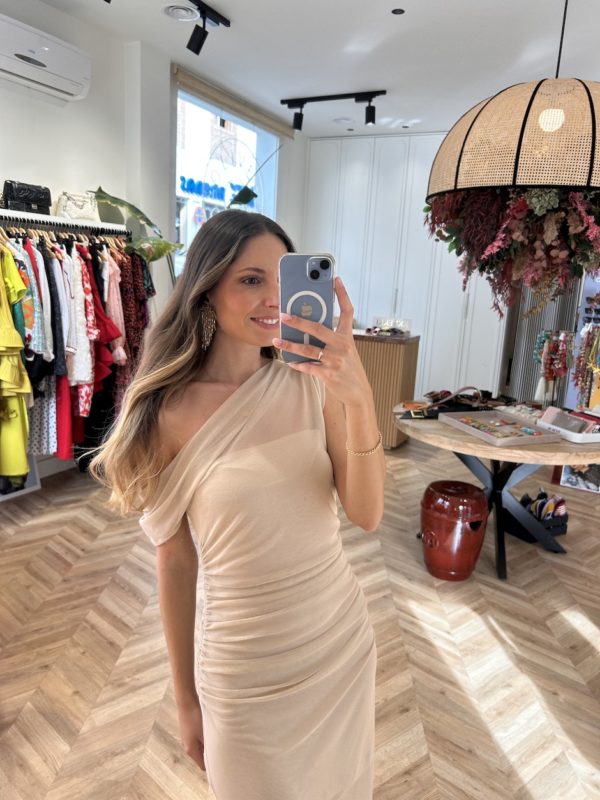 Vestido Midi Tul Escote Asimétrcio Marfil - Imagen 2