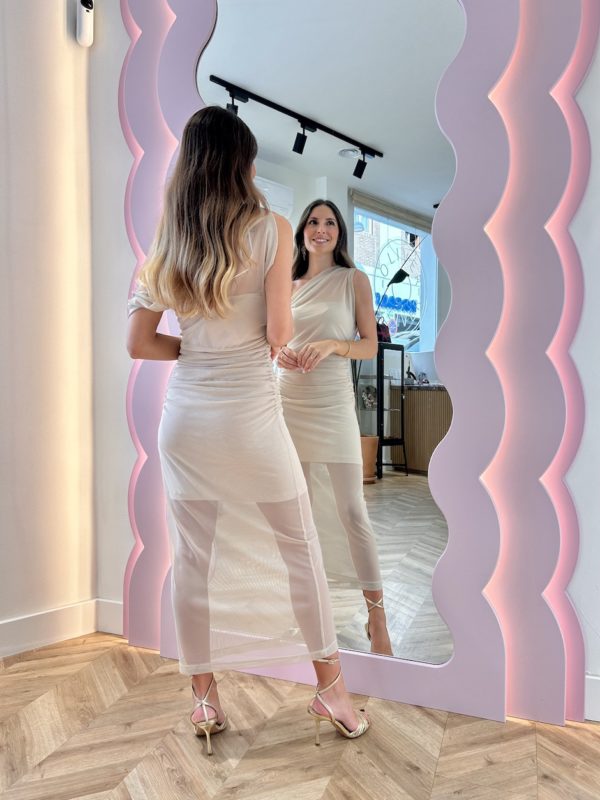 Vestido Midi Tul Escote Asimétrcio Marfil - Imagen 6