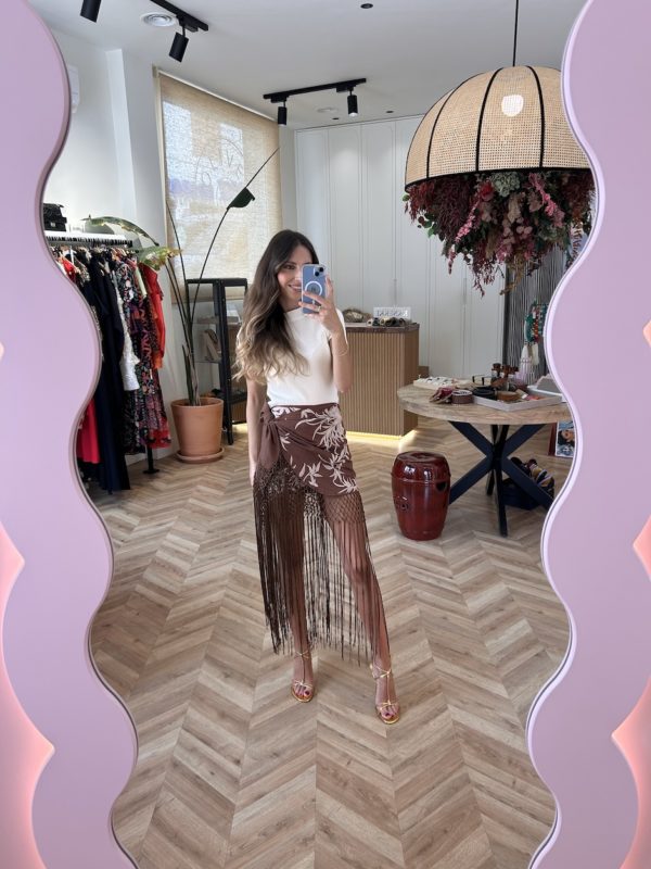 Falda Pantalón Flecos Bordado Floral Chocolate - Imagen 4