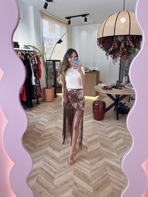 Falda Pantalón Flecos Bordado Floral Chocolate - Imagen 5