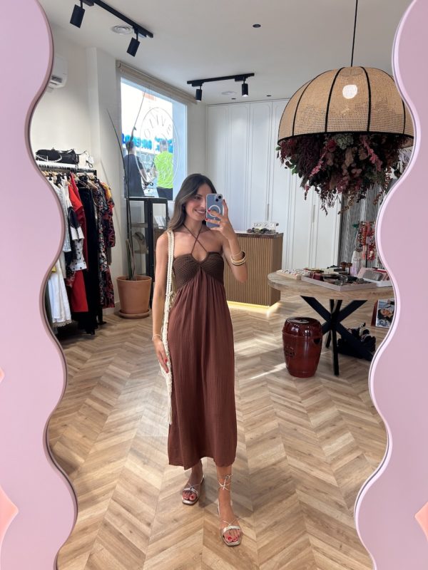 Vestido Combinado Efecto Crochet Avellana - Imagen 3