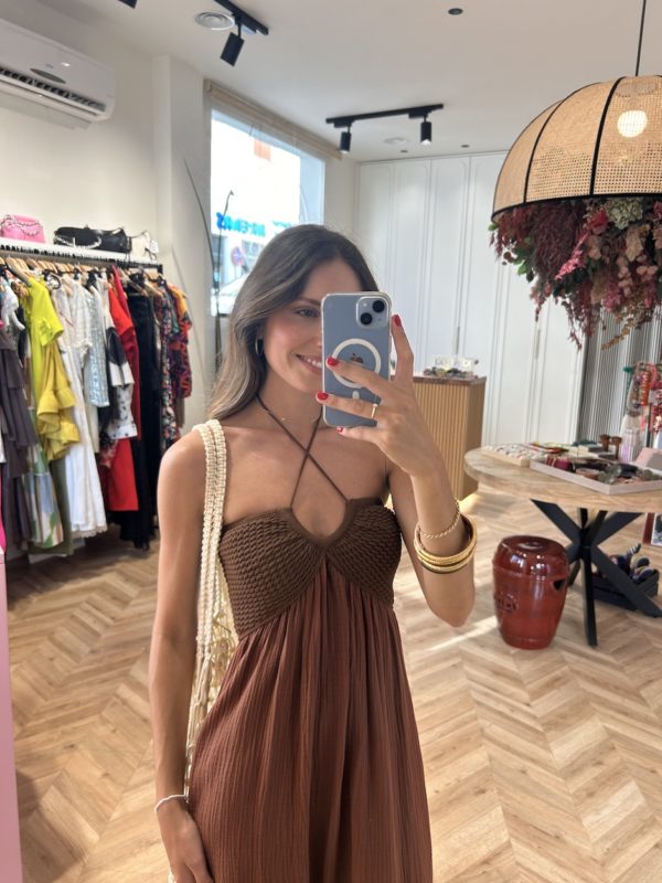Vestido Combinado Efecto Crochet Avellana - Imagen 4
