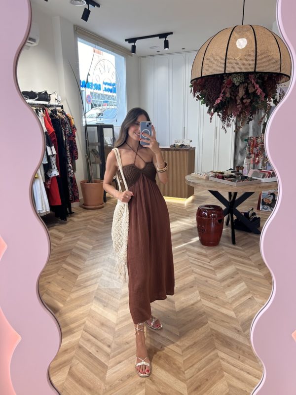 Vestido Combinado Efecto Crochet Avellana