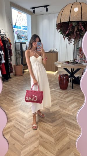 Vestido Combinado Efecto Crochet Marfil