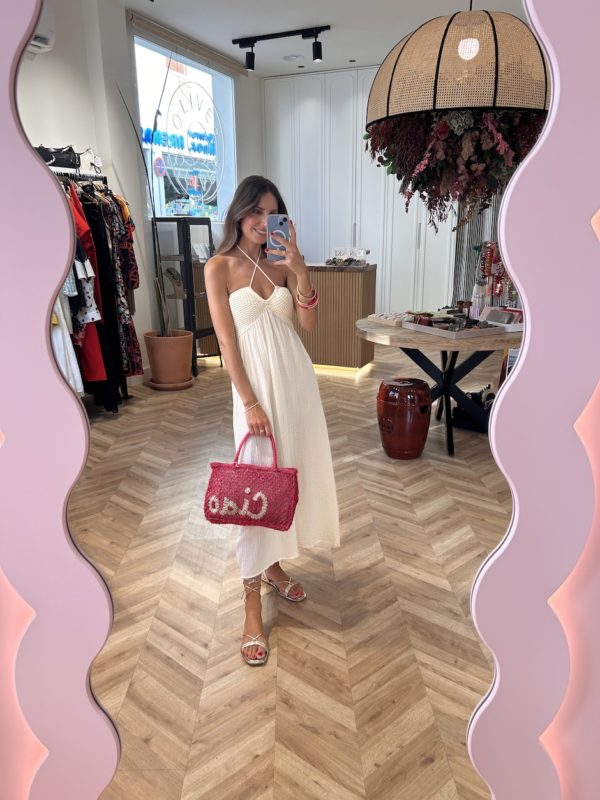 Vestido Combinado Efecto Crochet Marfil