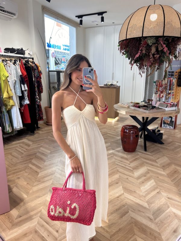 Vestido Combinado Efecto Crochet Marfil - Imagen 2