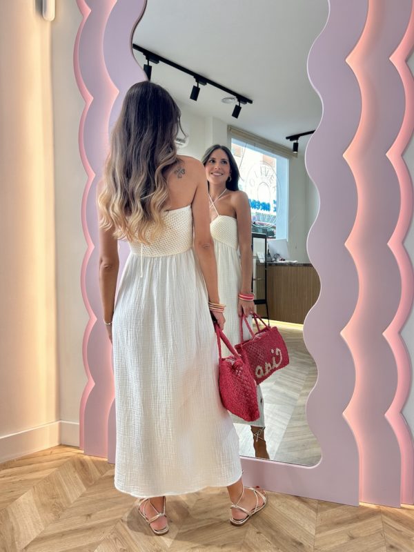 Vestido Combinado Efecto Crochet Marfil - Imagen 4