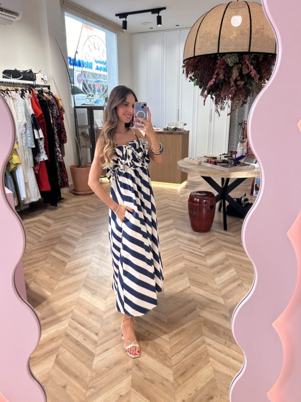 Vestido Largo Bolsillos Rayas Blanco Marino - Imagen 4