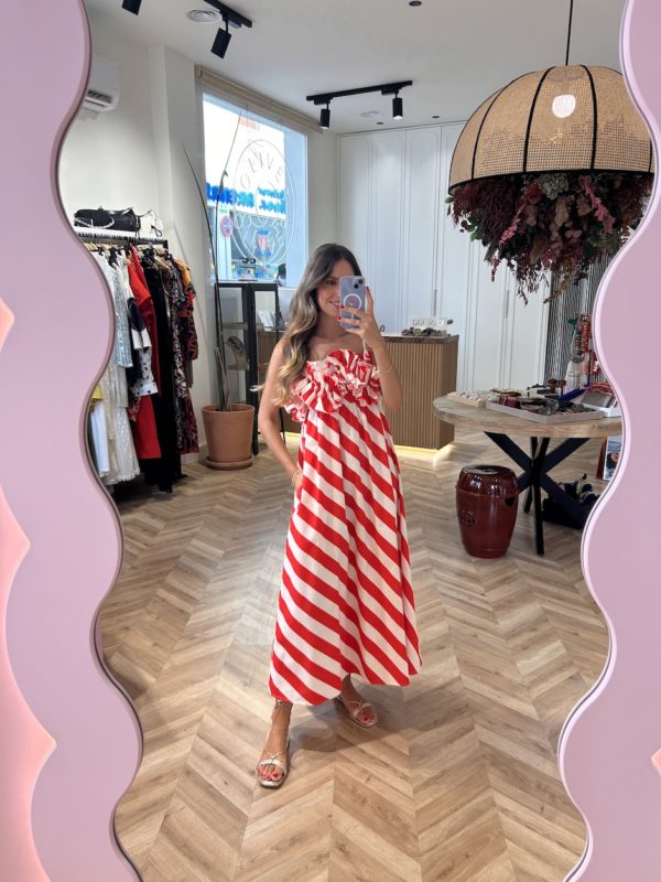 Vestido Largo Bolsillos Rayas Blanco Y Rojo