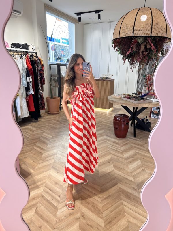 Vestido Largo Bolsillos Rayas Blanco Y Rojo - Imagen 3