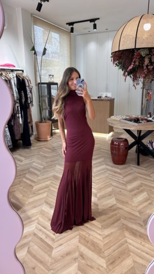 Vestido Largo Tul Cuello Halter Burgundy