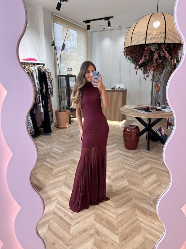 Vestido Largo Tul Cuello Halter Burgundy