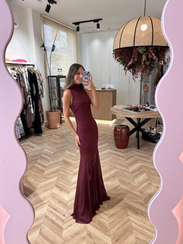 Vestido Largo Tul Cuello Halter Burgundy - Imagen 3