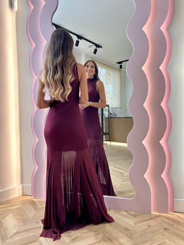 Vestido Largo Tul Cuello Halter Burgundy - Imagen 4