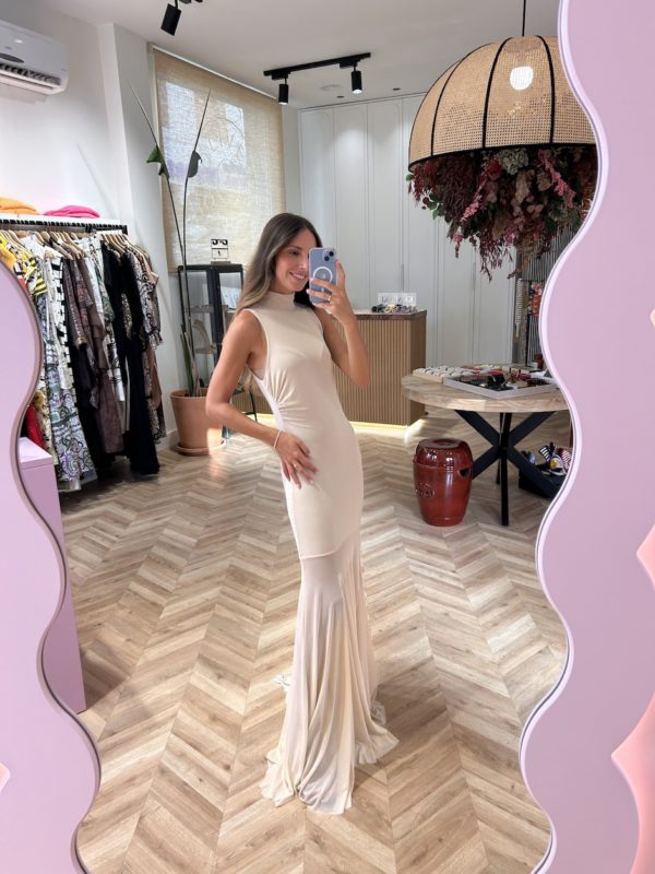 Vestido Largo Tul Cuello Halter Marfil - Imagen 3