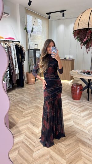 Vestido Largo Tul Drapeado Estampado Floral Negro