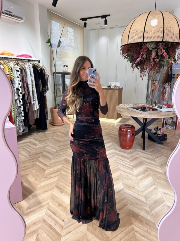 Vestido Largo Tul Drapeado Estampado Floral Negro - Imagen 2