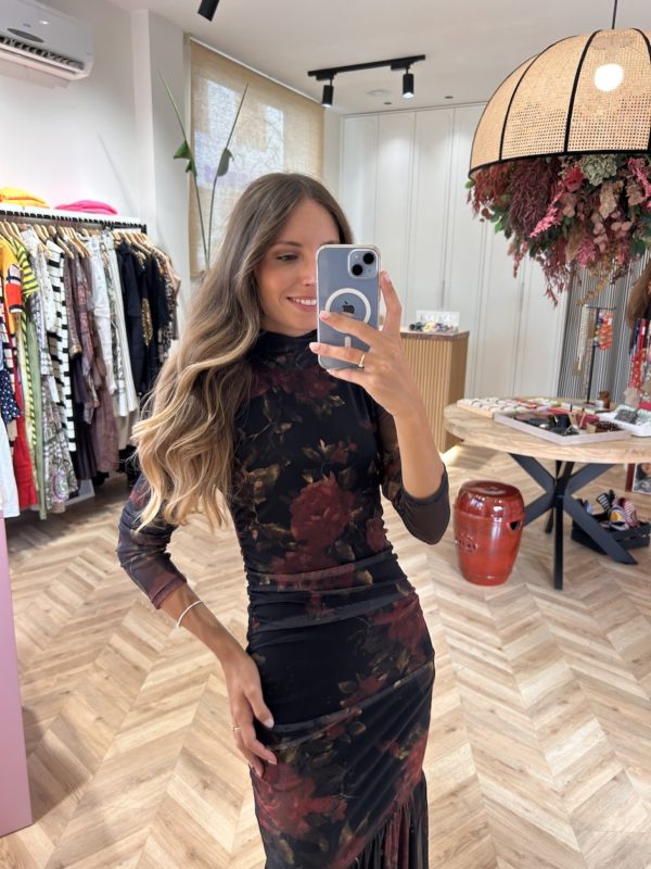 Vestido Largo Tul Drapeado Estampado Floral Negro - Imagen 3