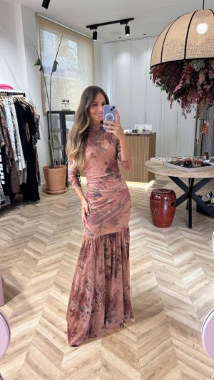 Vestido Largo Tul Drapeado Estampado Floral Rosa