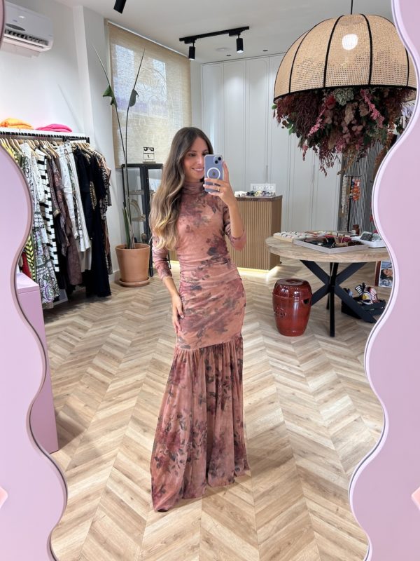 Vestido Largo Tul Drapeado Estampado Floral Rosa