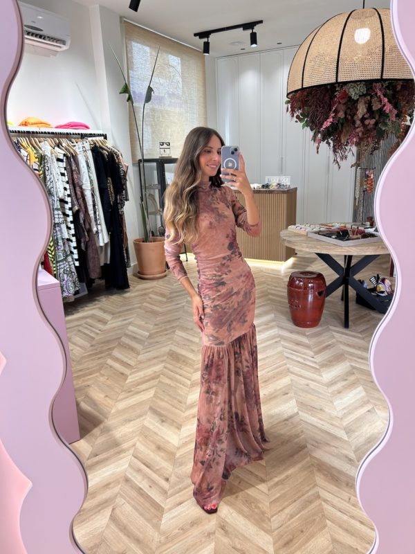 Vestido Largo Tul Drapeado Estampado Floral Rosa - Imagen 4