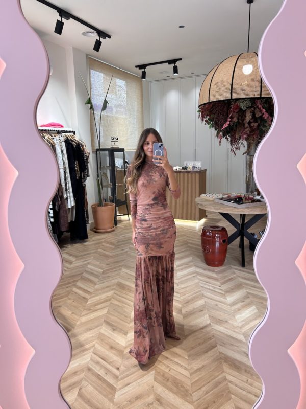 Vestido Largo Tul Drapeado Estampado Floral Rosa - Imagen 3