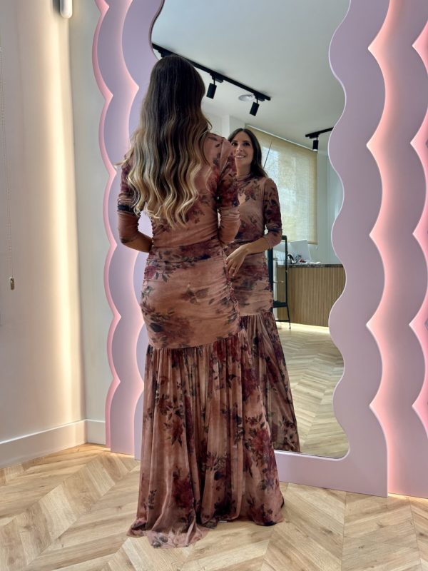Vestido Largo Tul Drapeado Estampado Floral Rosa - Imagen 5