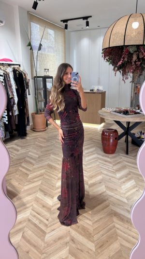 Vestido Largo Tul Dapreado Estampado Floral Chocolate