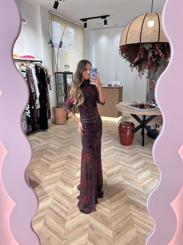 Vestido Largo Tul Dapreado Estampado Floral Chocolate