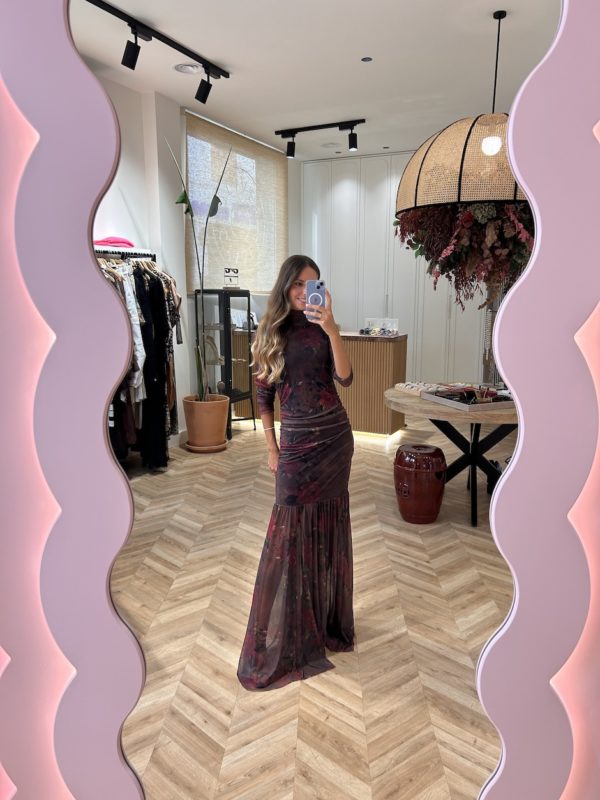 Vestido Largo Tul Dapreado Estampado Floral Chocolate - Imagen 3